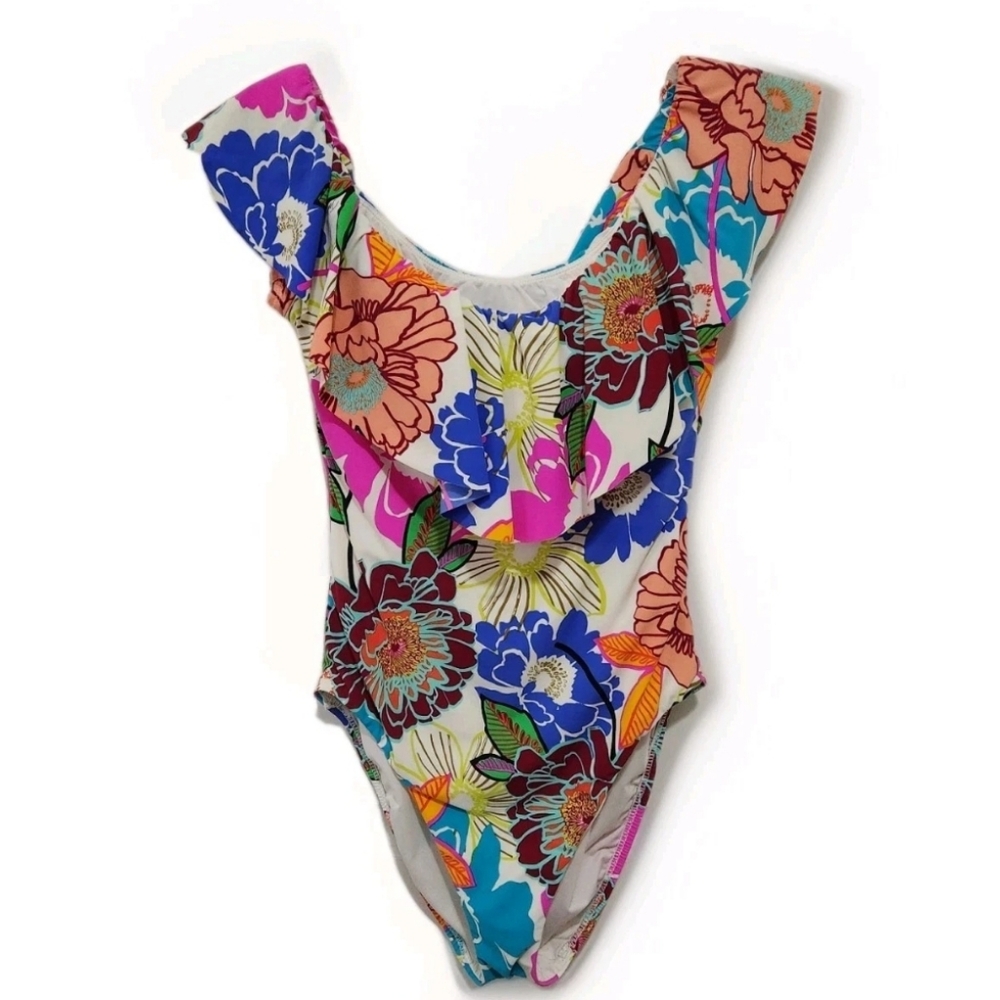 Trina Turk Women's 10 Radiant Blooms Off Shoulder Ruffle One Piece Swimsuit
